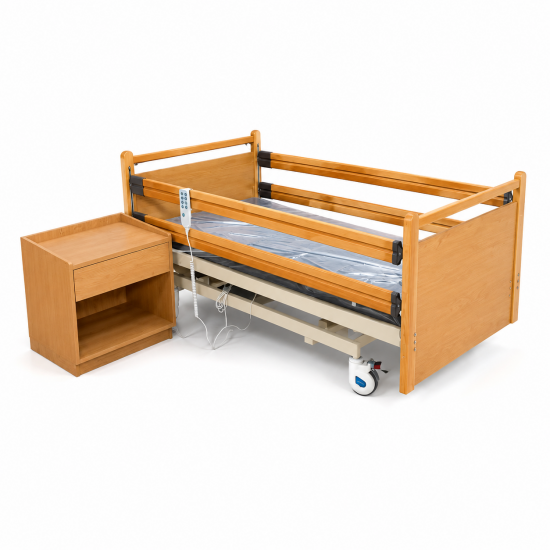 Electric Wooden Nursing Home Bed with Three-Function Adjustment and Sliding Guardrails