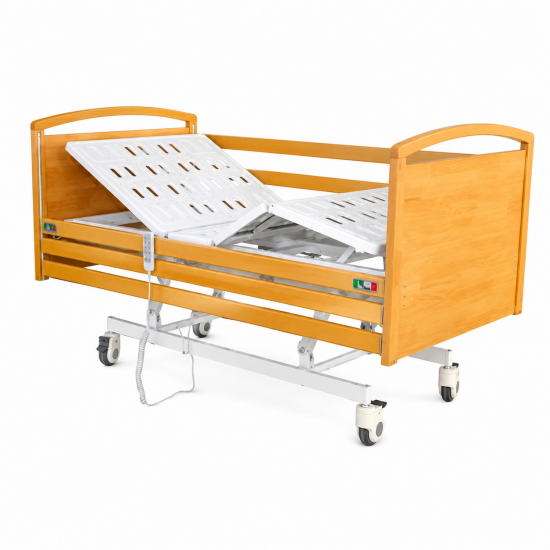 Electric Wooden Nursing Home Bed with Three-Section Sliding Safety Guardrails for Long-Term Care Facilities