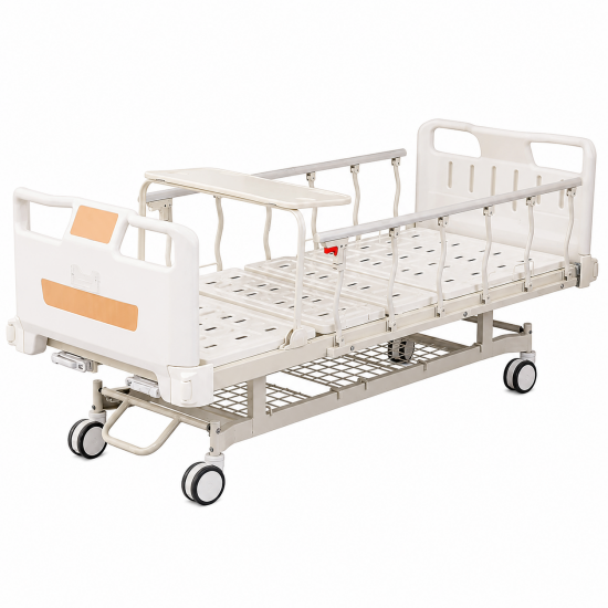 Manual Two-Crank Care Hospital Bed with Integrated Table and Storage Rack
